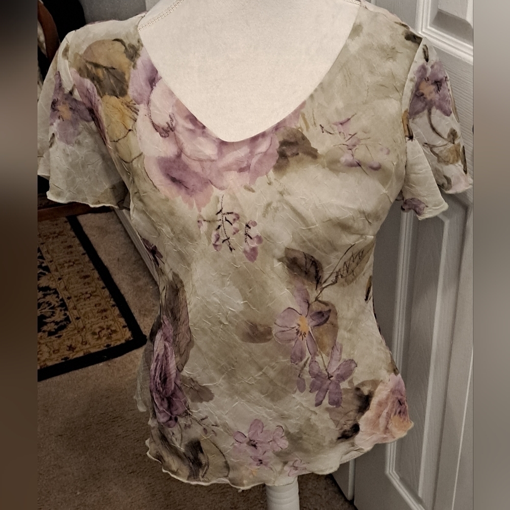 Vintage K Studio Semi Sheer Floral Blouse With Flutter Sleeves   Size 12